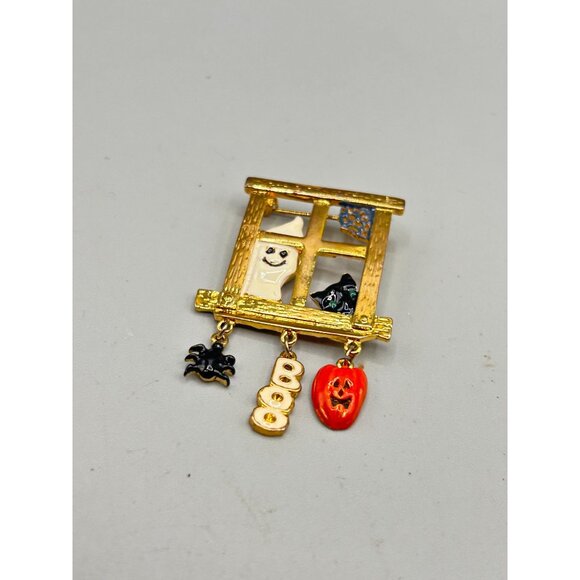 Halloween Ghost & Pumpkin Window Pin Brooch with Charms Boo Spider Holiday Pin - Picture 3 of 6